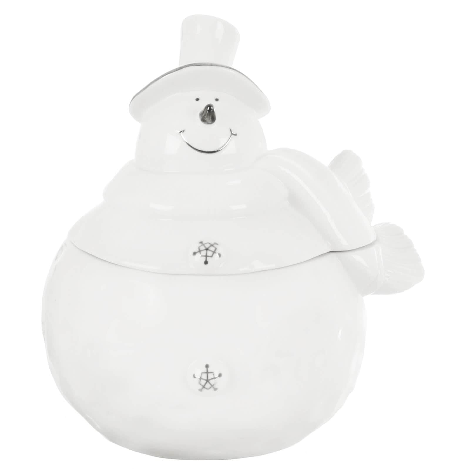 White Snowman Christmas storage jar, candy or cookie holder with silver detailing